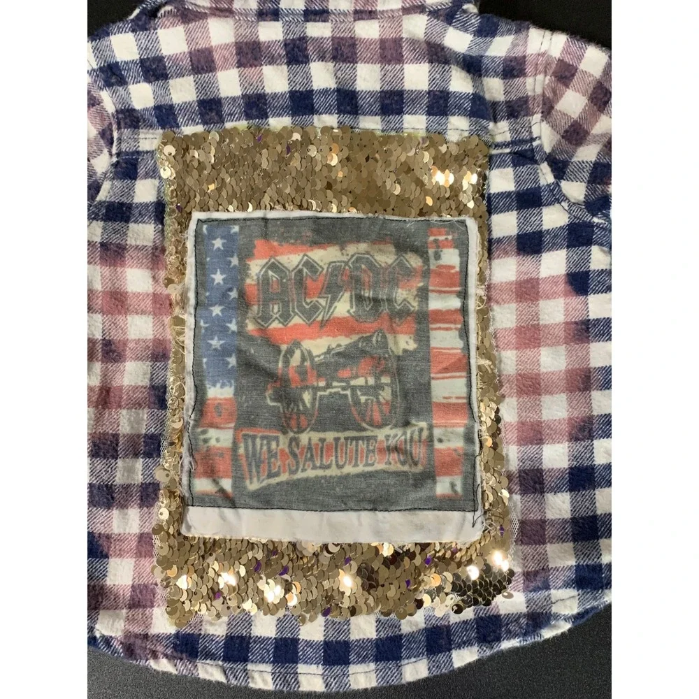 Kids Carter's Flannel AC/DC Sequins‎ Patch Long Sleeve Handmade 3 months